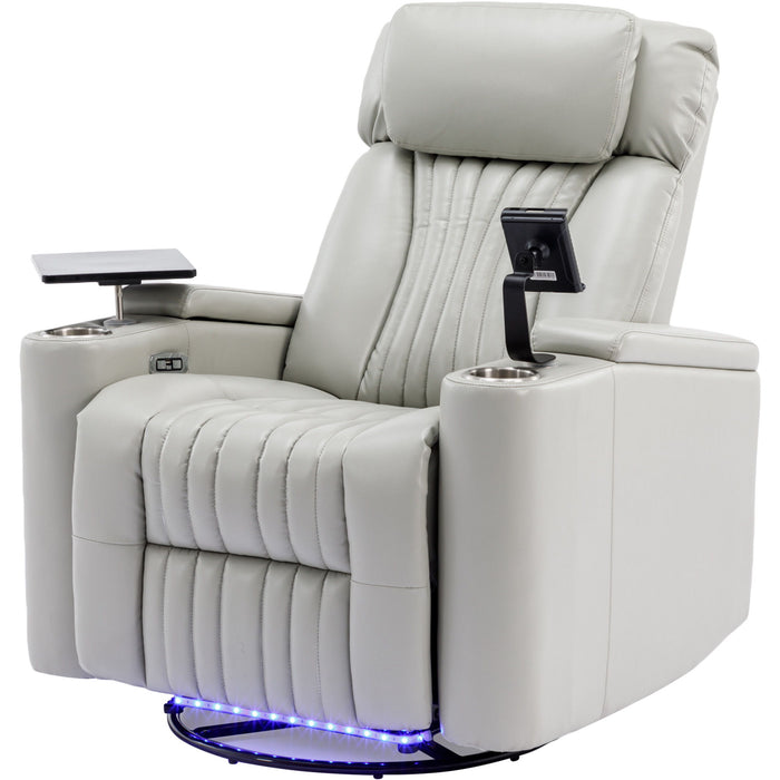 270° Power Swivel Recliner Home Theater Chair With Hidden Arm Storage, LED Light, Cup Holder, And Tray Table