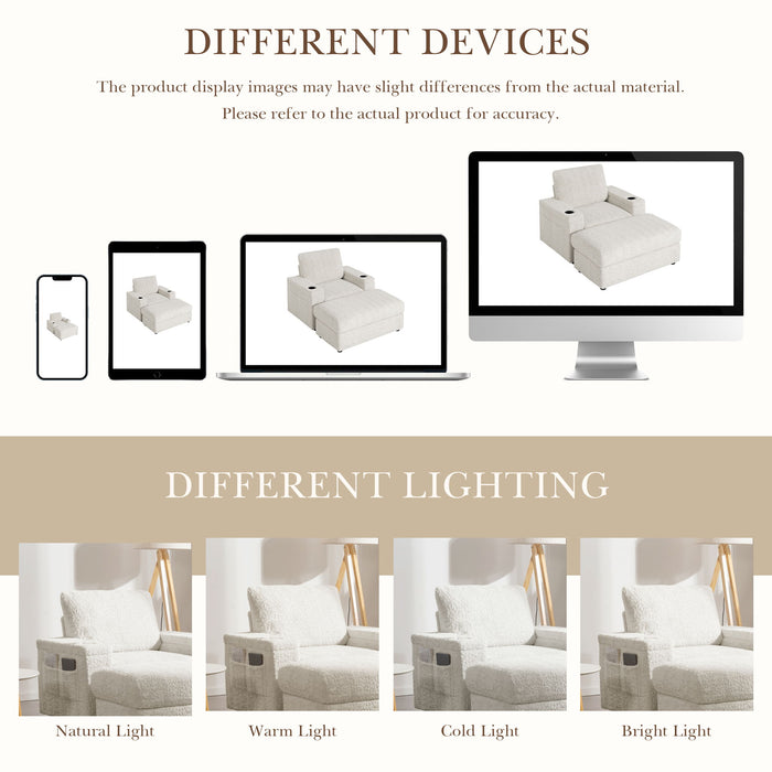 Oversized Chaise Lounge Indoor Rabbit Fur Sofa Bed With Storage Ottoman And Armrests Cup Holders With Deep Seat