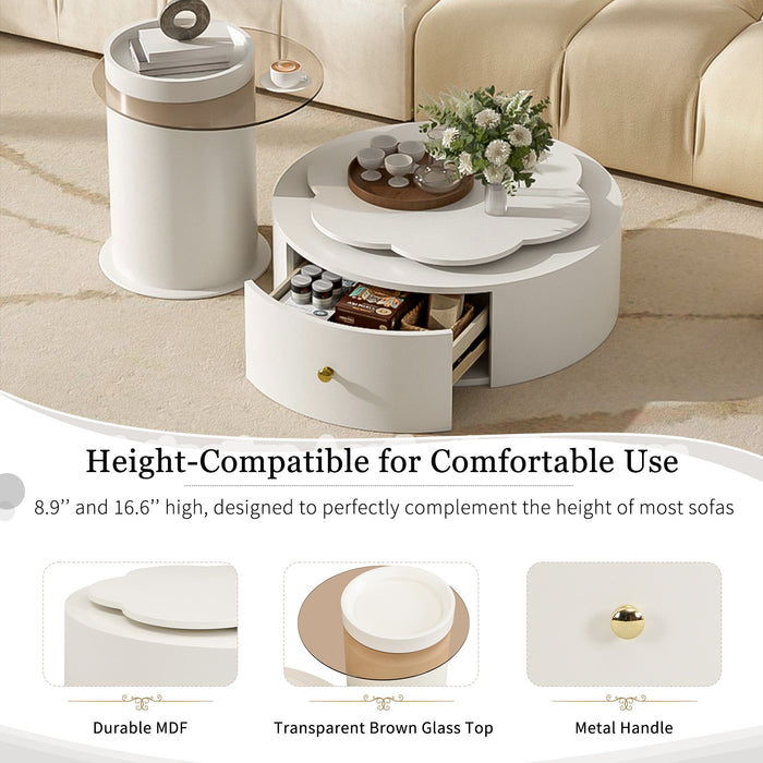 Modern Round Coffee Table (Set of 2), 360 Degree Rotatable Flower Shaped Top With 2 Drawers, Top Circle Side Table End Table With Glass For Living Room - Off White