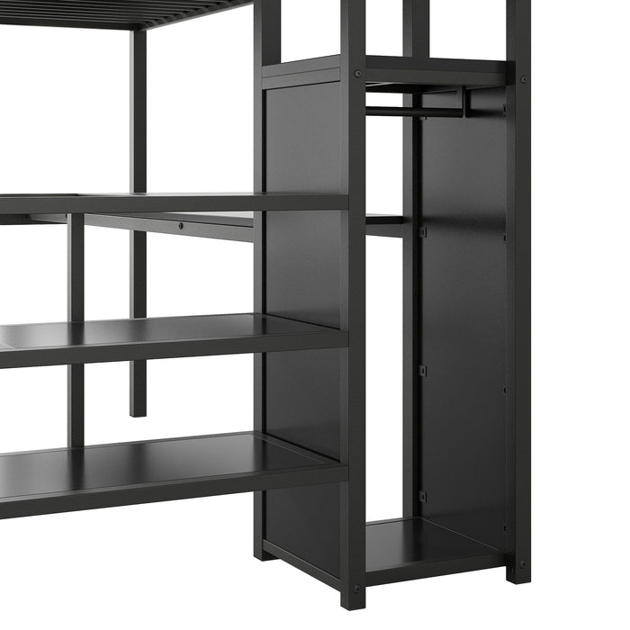 Full Size Loft Bed With Desk, Storage Staircase, Small Wardrobe And LED Light - Black