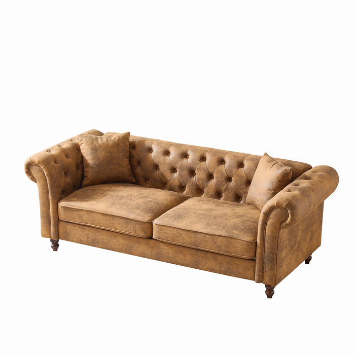 Chesterfield Sofa, High Roll Armrest Sofa, Upholstered Mid Century Modern Couch, 3 Seater Couch - Brown