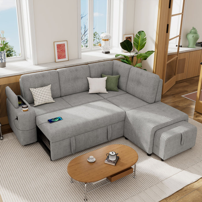 Pull-Out L-Shaped Sectional Sofa With Movable Ottoman And Stool, Large Storage Space, A Cup Holder, And 2 USB Ports For Living Room