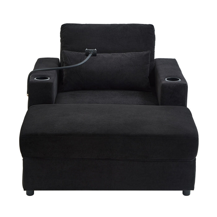 Modern Style Armchair Chaise Lounge Sofa Couch With Movable Storage Ottoman, USB Ports, Cup Holders, Phone Holder, Side Pockets