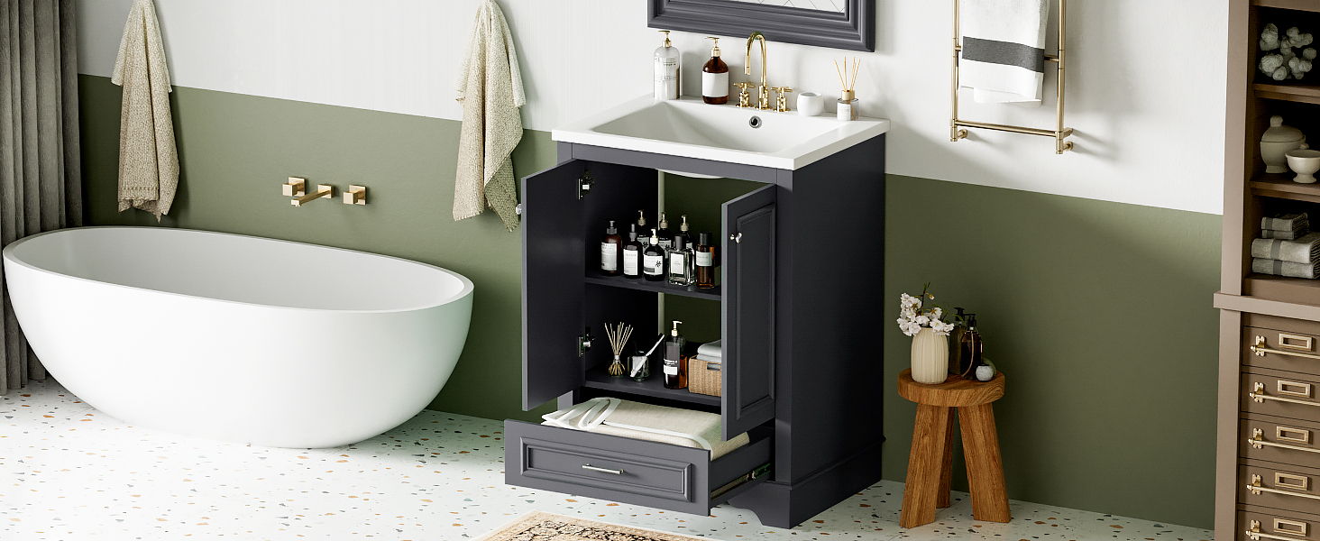 Bathroom Vanity With Ceramic Sink Combo, Modern Freestanding Storage Cabinet With Silver Handles
