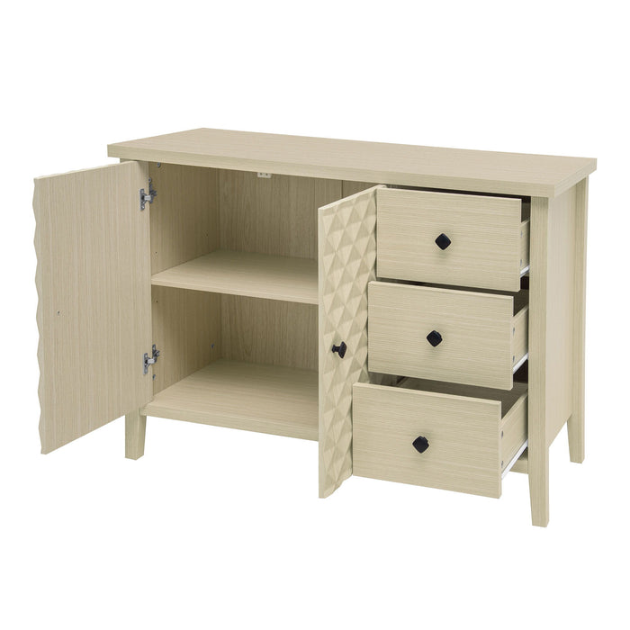 Modern 2 Door 3 Drawer Storage Cabinet, Buffet Cabinet With 2 Embossed Door For Living Room, Kitchen, Entryway - Natural