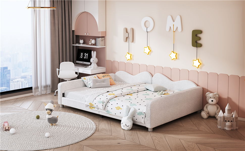 Upholstered Daybed, Sherpa Fabric Sofabed With Cloud-Shaped Backrest