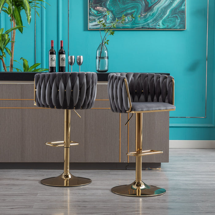 (Set of 2) Gray Bar Stools, With Chrome Footrest And Base Swivel Height Adjustable Mechanical Lifting Velvet And Golden Leg Simple Bar Stool