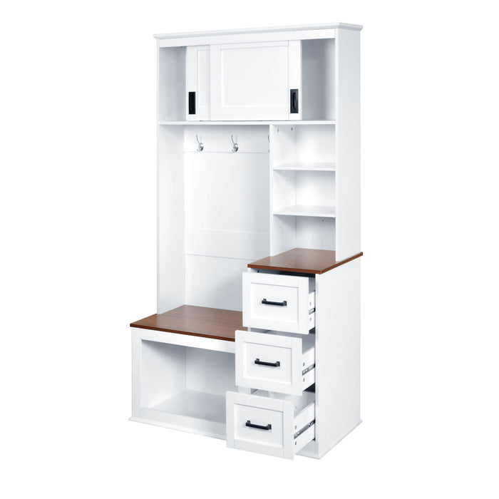Modern Wide Hall Tree With Coat Rack, 3 Shelves And Drawers, 3 Sturdy Hooks