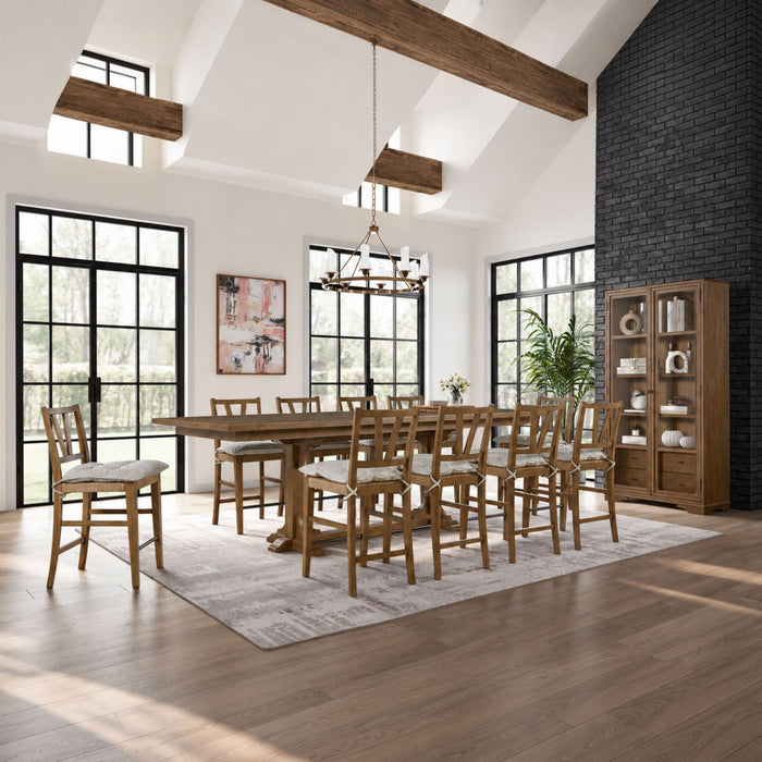 Tall Display Cabinet With Glass Doors And Drawers - Almond