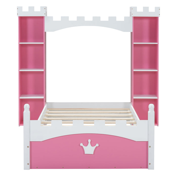 Castle Shaped Bed With Storage Shelf, Dreamy Platform Bed For Kids Bedroom