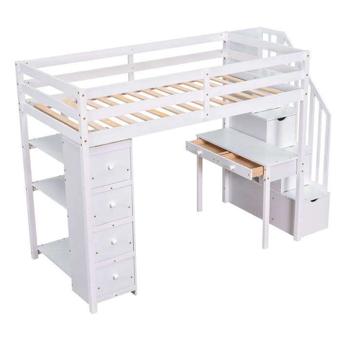 Loft Bed With Storage Drawers, Desk And Stairs With Shelves