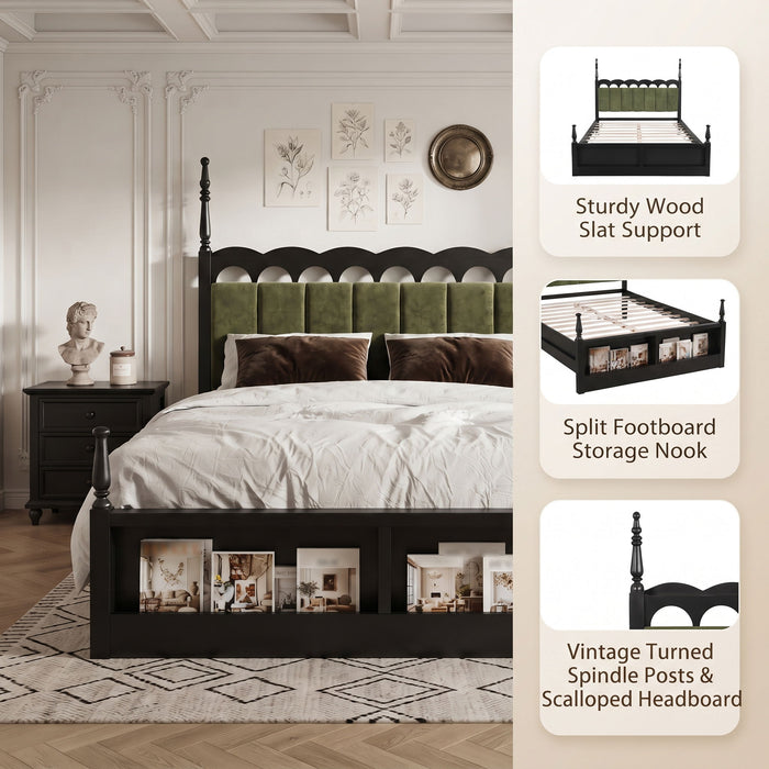 Platform Bed Frame With Tufted Upholstered Scallop Headboard
