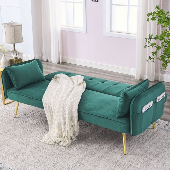 Convertible Sofa Bed, Adjustable Velvet Sofa Bed - Velvet Folding Lounge Recliner - Reversible Daybed - Ideal For Bedroom With Two Pillows And Center Leg Green