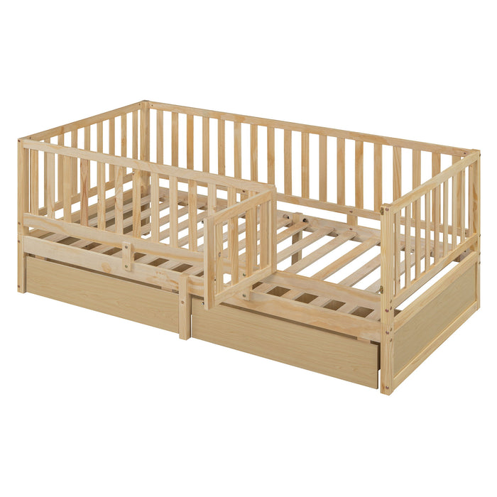 Daybed With Fence Guardrails And 2 Drawers, Split Into Independent Floor Bed & Daybed