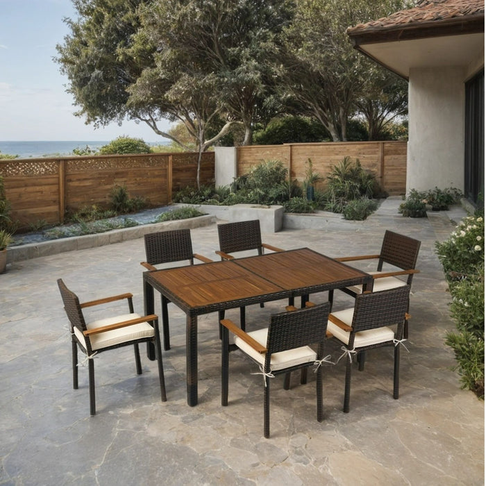7 Piece Outdoor Patio Wicker Dining Set Patio Wicker Furniture Dining Set With Top - Brown / Cream