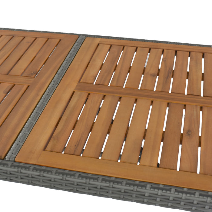 5 Pieces Outdoor Patio Wicker Bar Set, Bar Height Chairs With Non-Slip Feet And Fixed Rope, Removable Cushion, Acacia Wood Table Top - Brown / Gray