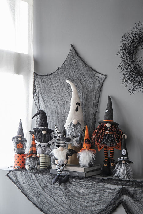 Standing Gnome With Banner & Spring Body, For Halloween Decor - Black / Orange / White