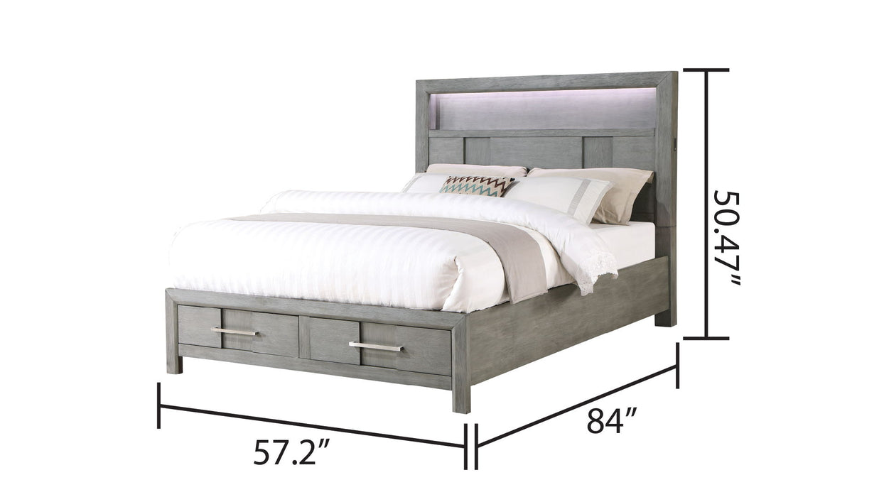 Kenzo Modern Style Full 5 Piece Storage Bedroom Set Made With Wood, LED Headboard, Bluetooth Speakers & USB Ports - Grey
