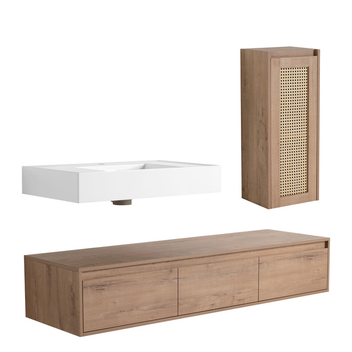 Modern Imitative Wall Mounted Bathroom Vanity With Resin Sink And Side Cabinet