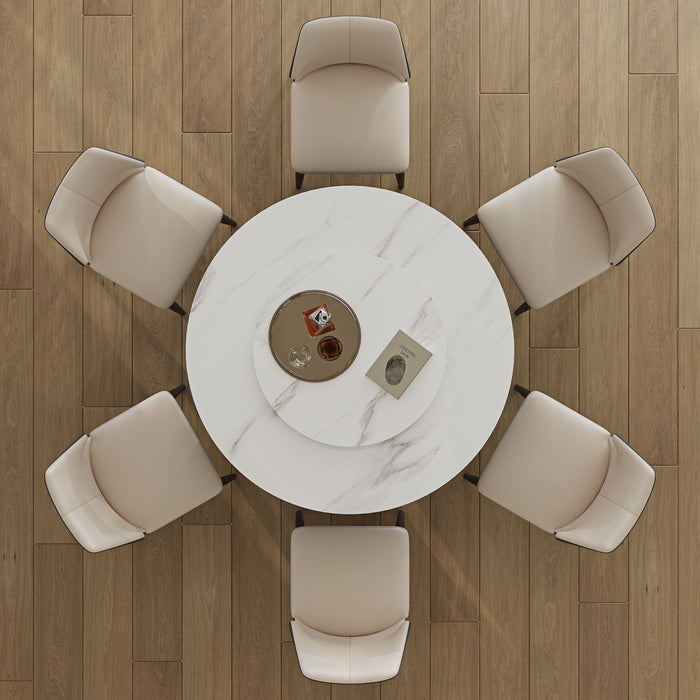 Modern Sintered Stone Dining Table With Round Turntable, Metal Pedestal, And Chairs