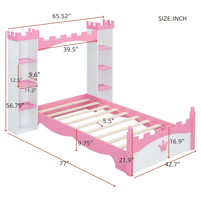 Castle Shaped Bed With Storage Shelf, Dreamy Platform Bed For Kids Bedroom