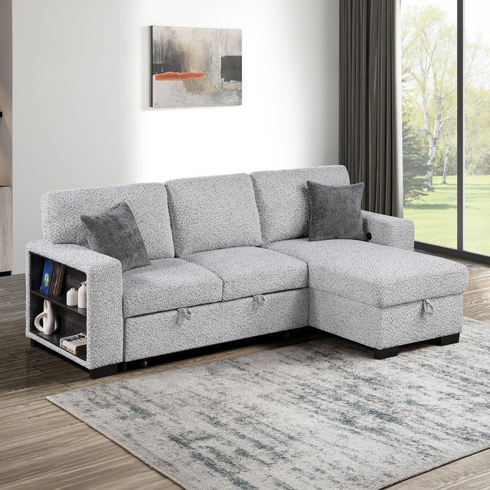 Buzz - Reversible Sleeper Sectional Sofa With Storage Chaise, Console Arm, USB Charging & Cup Holders - Gray