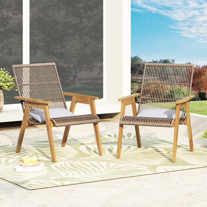 Acacia Wood Cape Woven Wicker Large Lounge Chair With Pillow For Patio, Deck, Yard, Lawn And Garden Seating Wicker (Set of 2) - Teak