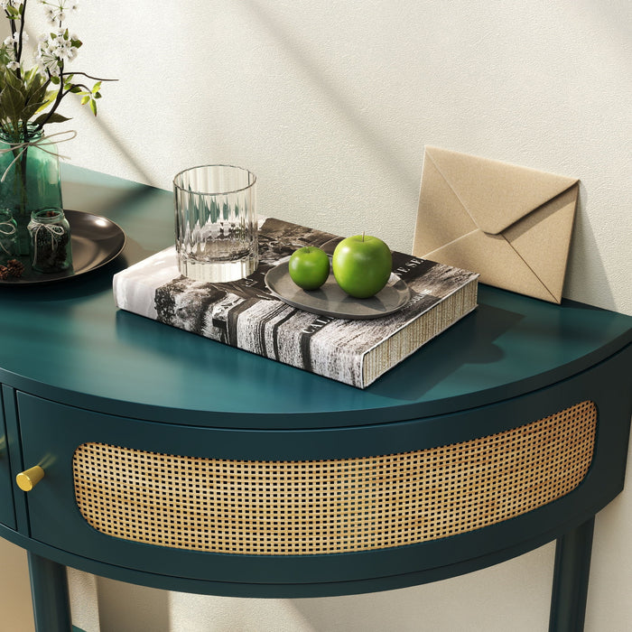 Boho Rattan Semi Circle End Table With Sliding Rattan Door, Storage And Bottom Shelf