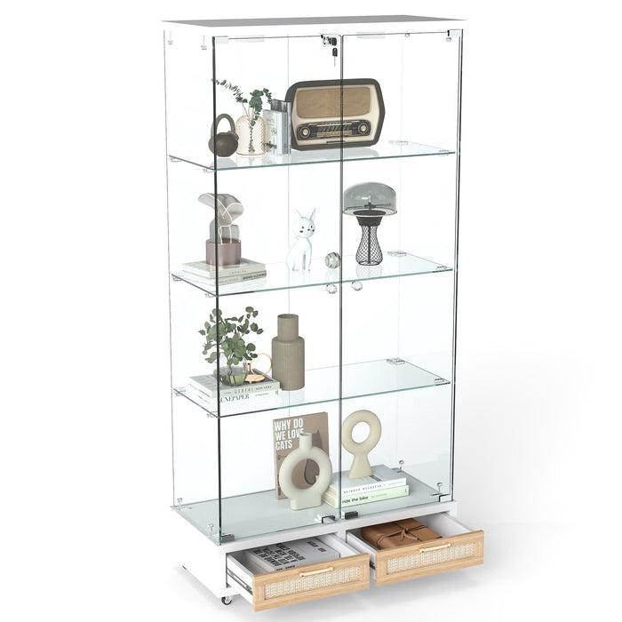 Glass Display Cabinet With LED Lights, Tempered Glass Doors, Large Drawers, 2 Door Storage Case With 4 Shelves - Natural / White