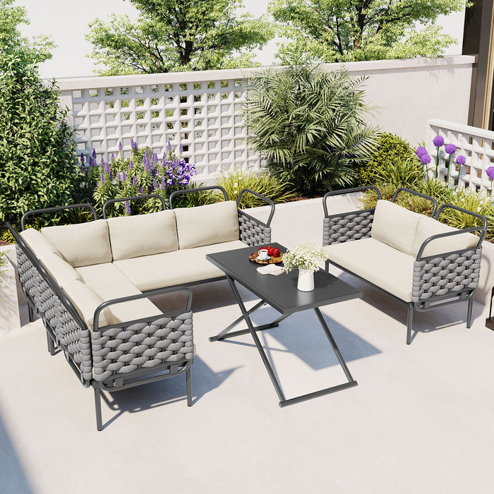 Topmax 5 Piece Modern Patio Sectional Sofa Set Outdoor Woven Rope Furniture Set With Glass Table And Cushions, Gray / Beige