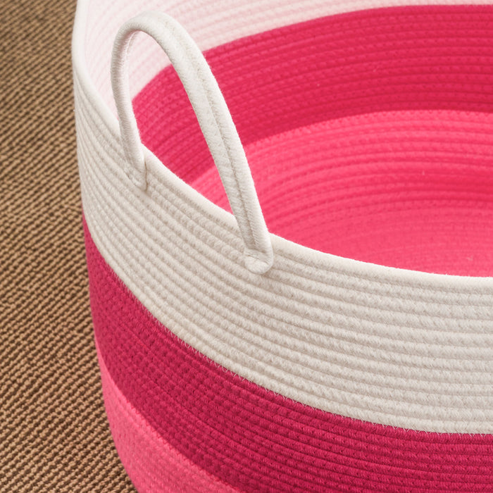Cotton Round Laundry And Storage Basket With Handles - Pink / White