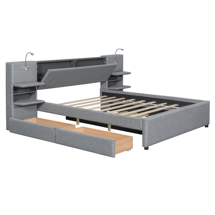 Upholstered Platform Bed With Reading Lights, Drawers, Trundle And Shelves