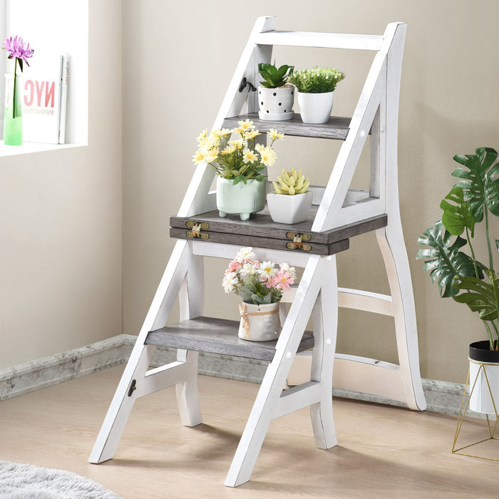 Solid Wood Foldable Ladderchair Dual Purpose Stepladders Step Display Stand Flower Stand Forhome, Library, Kitchen - Antique White / Sandstone