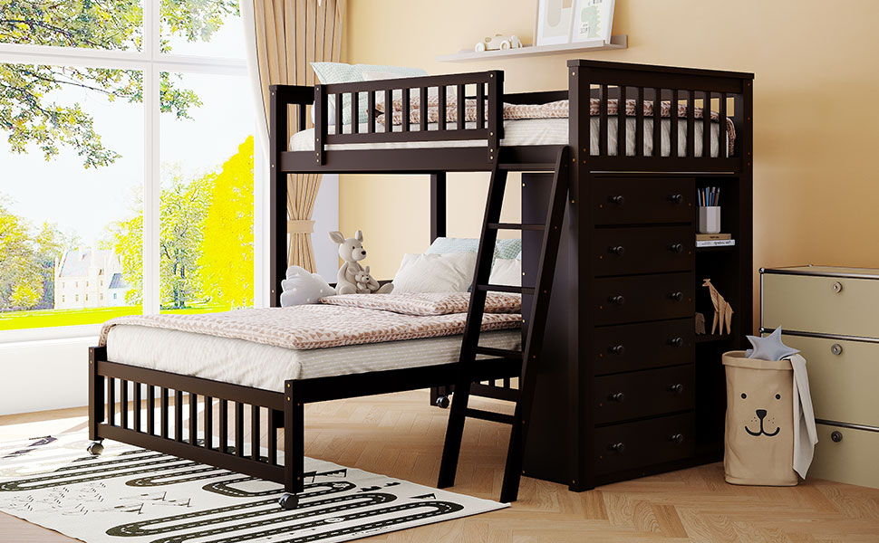 Wooden Twin Over Full Bunk Bed With Six Drawers And Flexible Shelves, Bottom Bed With Wheels, Espresso (Old Sku:Lp000531Aap)
