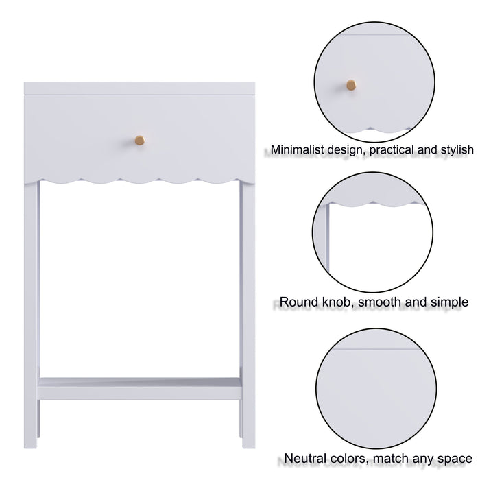 Nightstand With Drawer And Open Shelf, Scalloped Edge Bedside Table