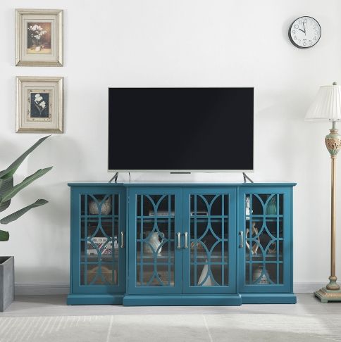 63" TV Stand, Sideboard Buffet, Storage Cabinet, Teal Blue