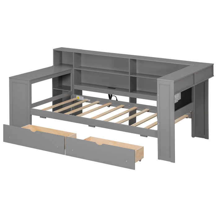 Platform Bed With Upholstered Headboard, Storage Shelves, Drawers, Charging Station, LED Lighting, Built In Desk