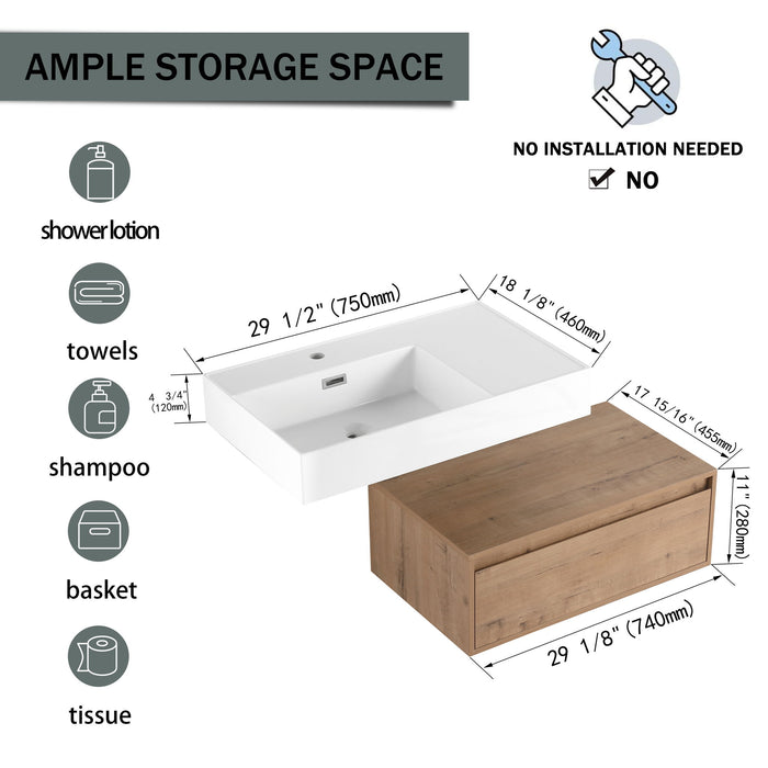 Modern Wall Mounted Bathroom Vanity With Resin Sink And Soft Close Drawer In Imitative - Imitative Oak