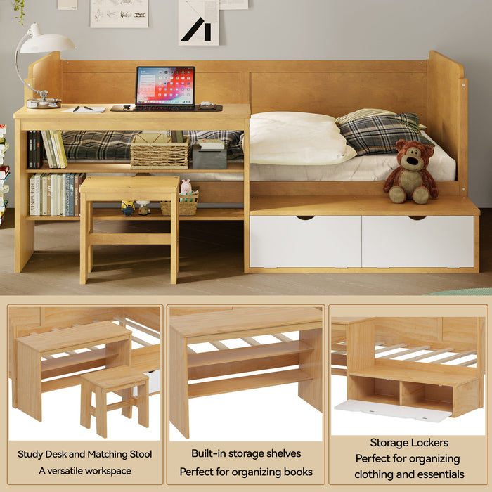 Daybed With Storage Shelves And Lockers, Multi Functional Bed With Study Desk And Matching Stool