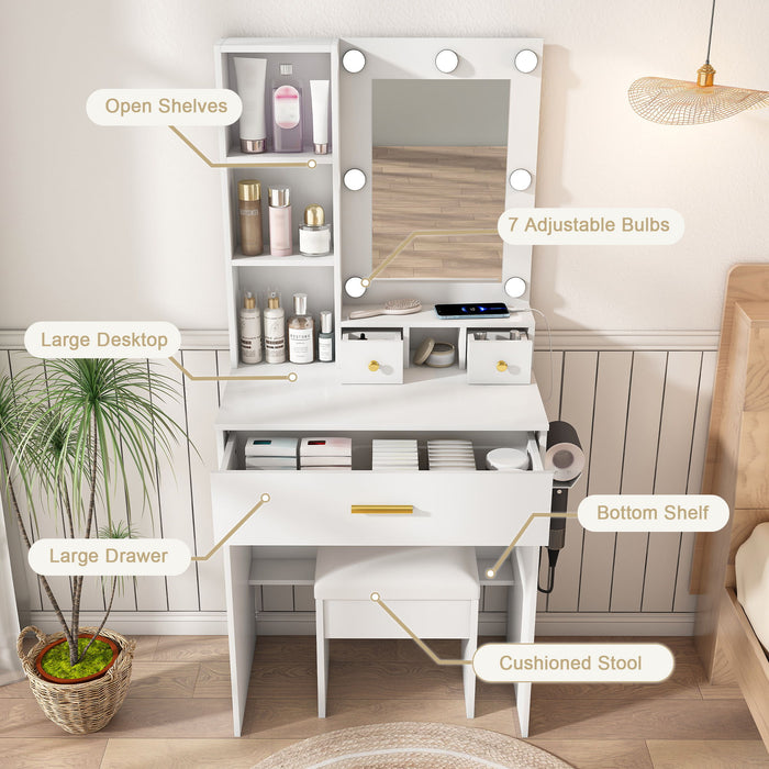 Vanity Table With Mirror, Adjustable LED Lights, Power Outlet, Hairdryer Holder & Stool