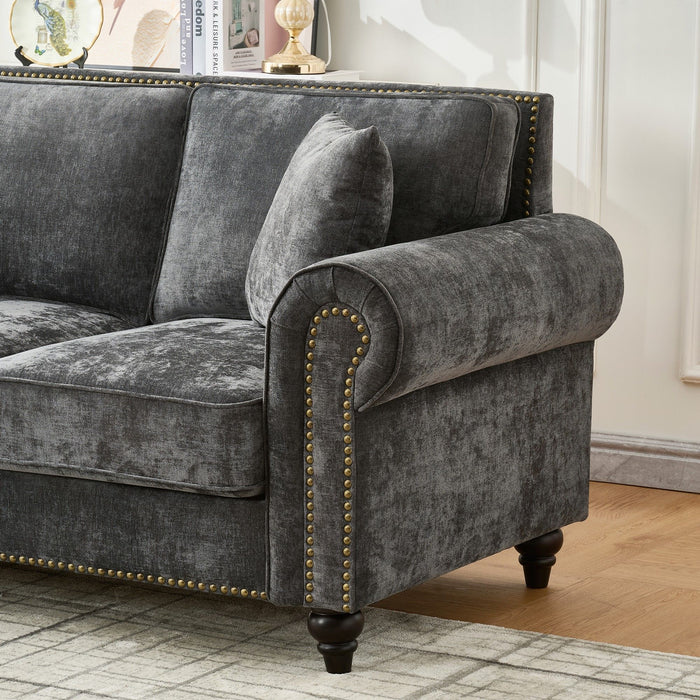 3 Seater Sofa With Tufted Upholstery, Rolled Arms, Nailhead Trim
