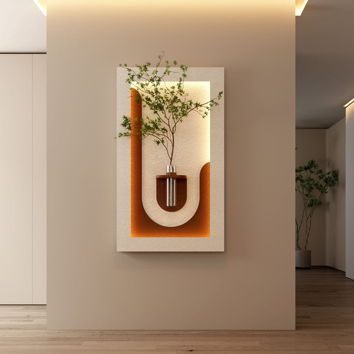 Adjustable 3 Color LED Sandstone Wall Decor With Simulated Plants, Vase & Rabbit Statue - Light Coffee