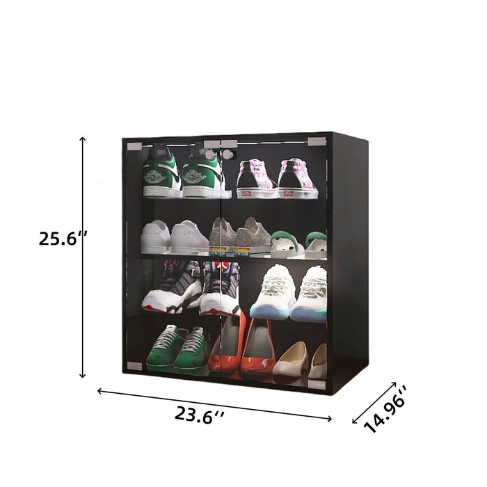 4 Layers Shoe Cabinet With Glass Door And Glass Layer Shoes Display Cabinet With LED Light Bluetooth Control - Black
