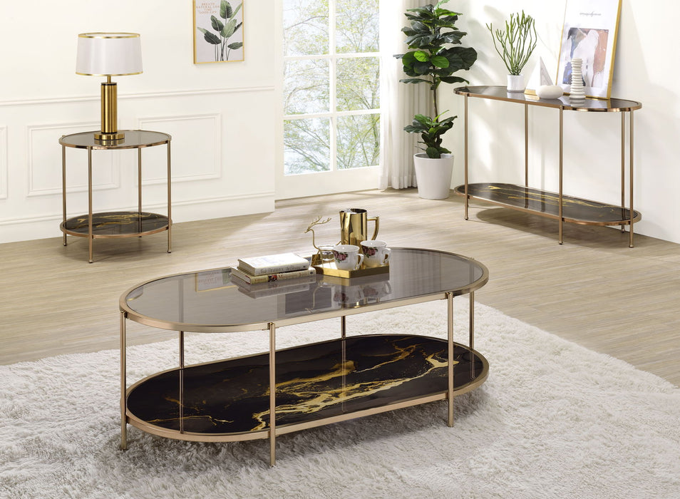 Acme Fiorella Coffee Table, Glass, Black Marble Paint & Gold Finish Lv02222