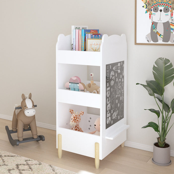 Bear Shaped Bookshelf With Chalkboard Side, 3 Tier Storage Organizer For Playroom - White