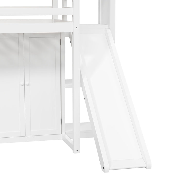 Twin Size Loft Bed With Wardrobe, Storage Shelves, Slide And LED - White