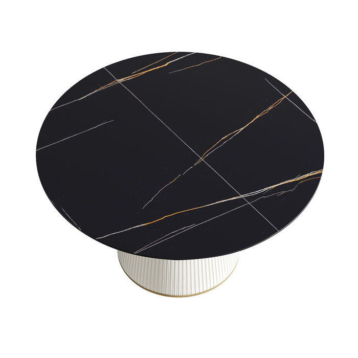 Modern Artificial Stone Round Plywood Base Dining Table, Can Accommodate 6 People, (Not Including Chairs) - Black / Beige