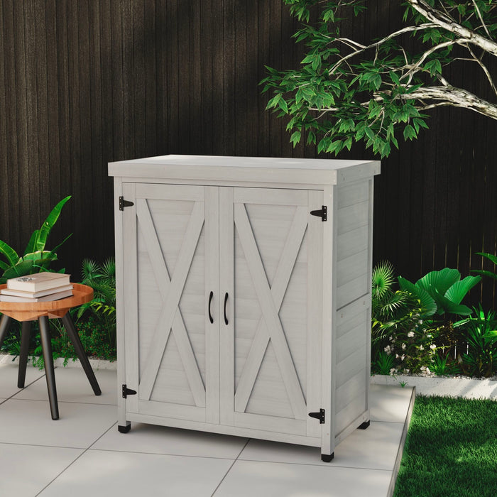 Rustic Cedar Wood Potting Bench With Storage Cabinet And Metal Top For Outdoor Patio - Gray