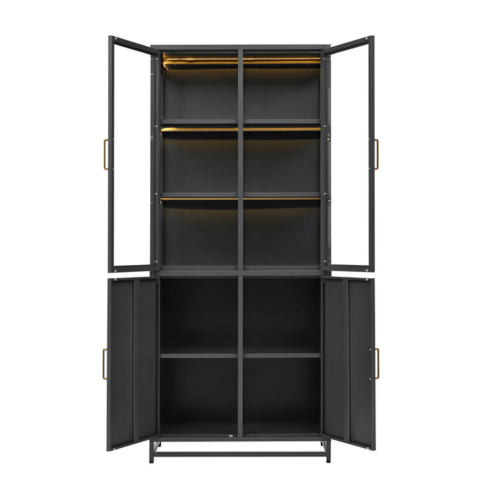 Modern Style Tall Steel Display Cabinet With Double Glass Doors, LED Lights