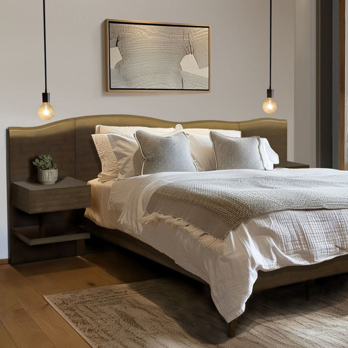 Queen Size Platform Bed Frame With Live Edge Headboard, Built In Nightstands - Dark Brown